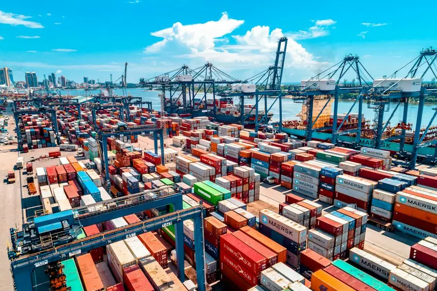 Shipping containers stacked at a port